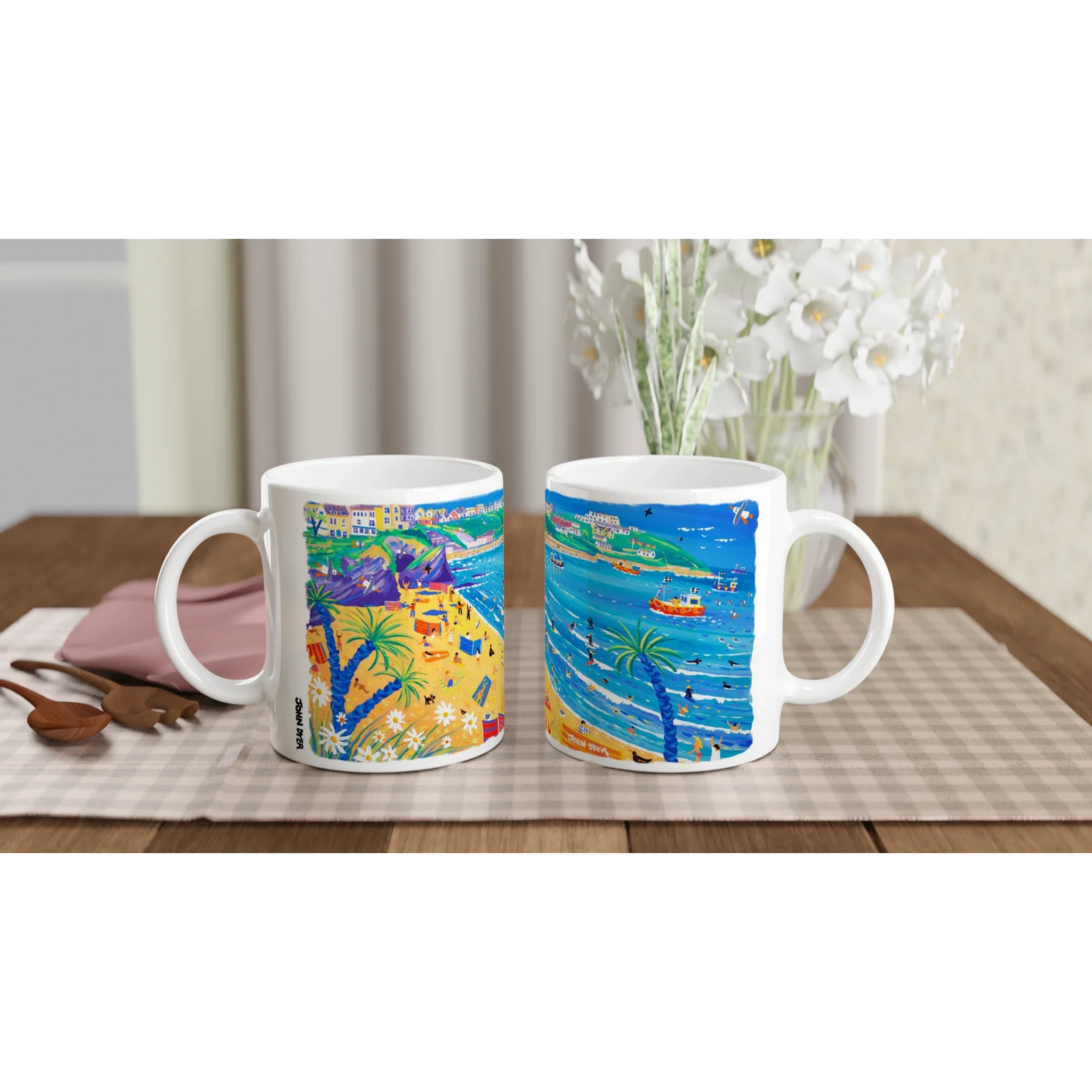 John Dyer Ceramic Cornish Art Mug. Surfing and Sunbathing Great Western Beach, Newquay - Image 4