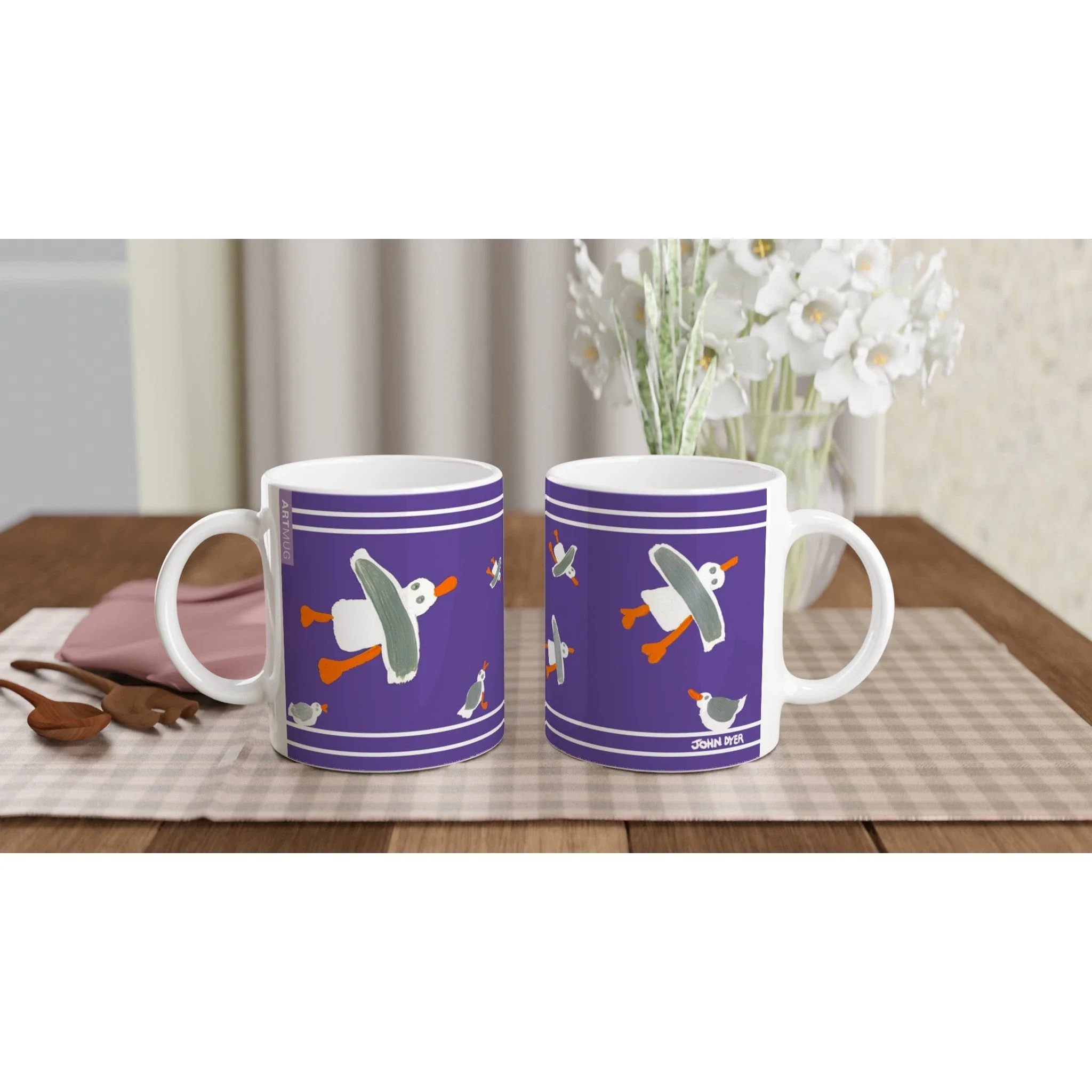 John Dyer Ceramic Cornish Art Mug with Cornish Seagulls. Purple - Image 3