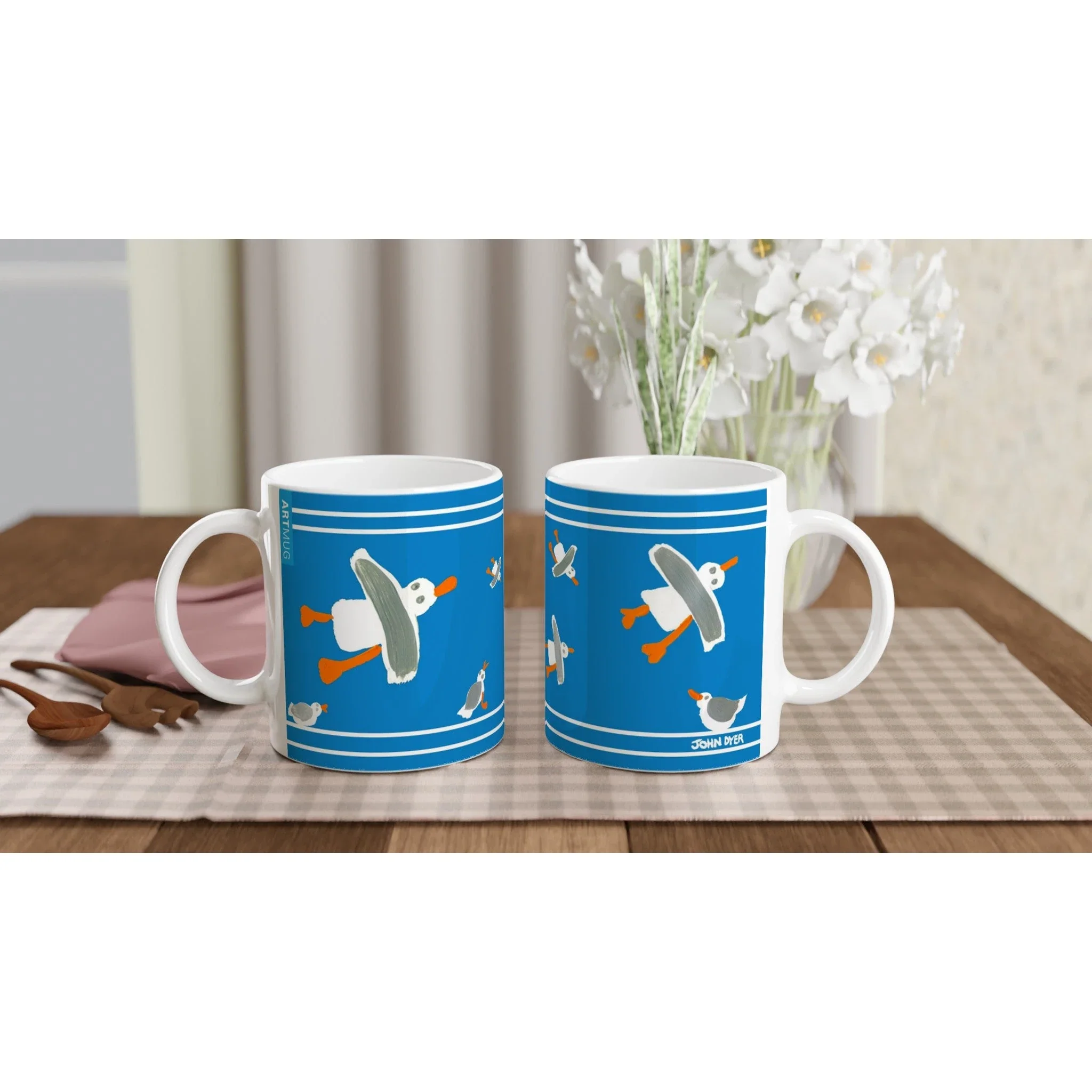 John Dyer Ceramic Cornish Art Mug with Cornish Seagulls. Sky Blue - Image 4