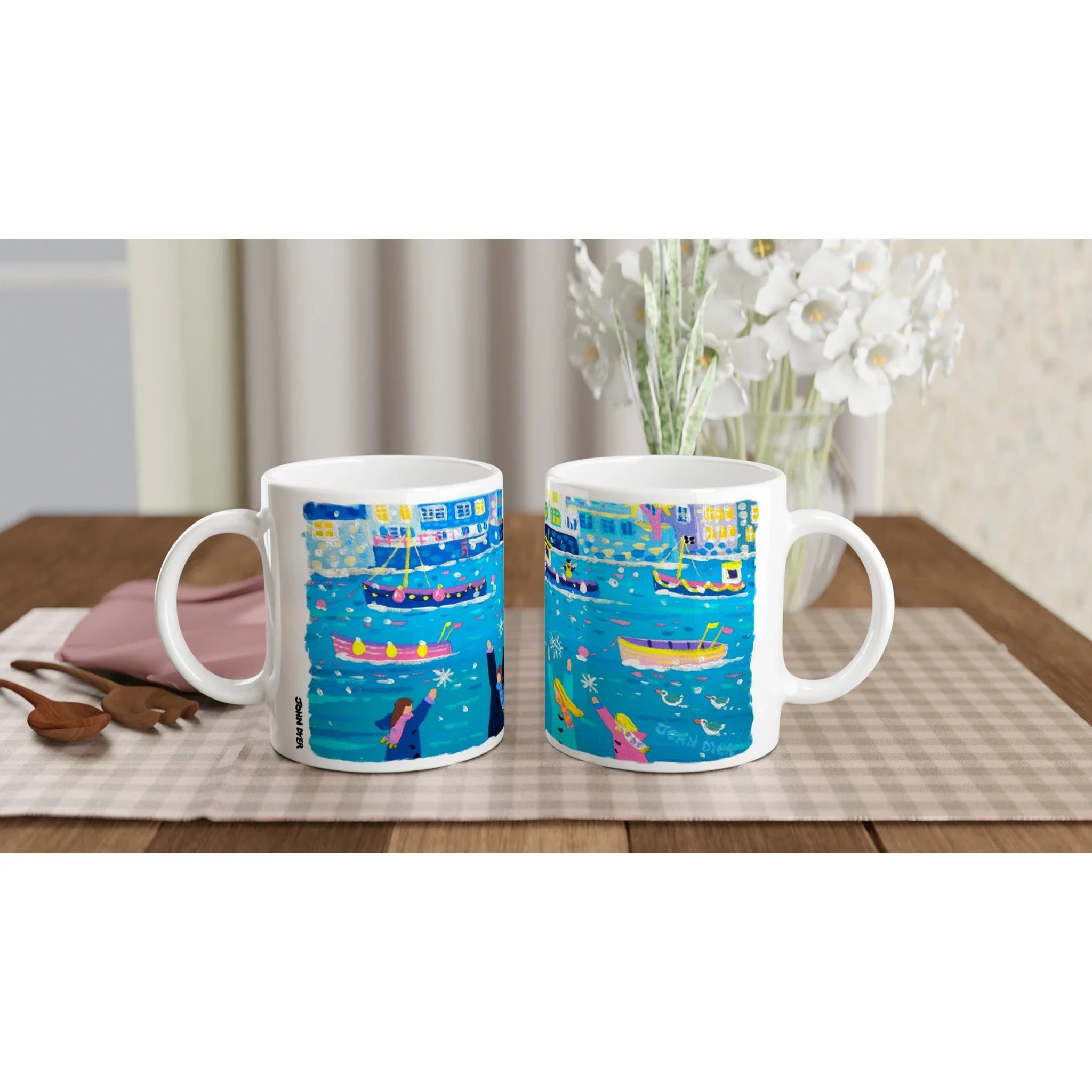 John Dyer Ceramic Cornish Art Mug. Catching Snowflakes, Polperro, Cornwall - Image 4