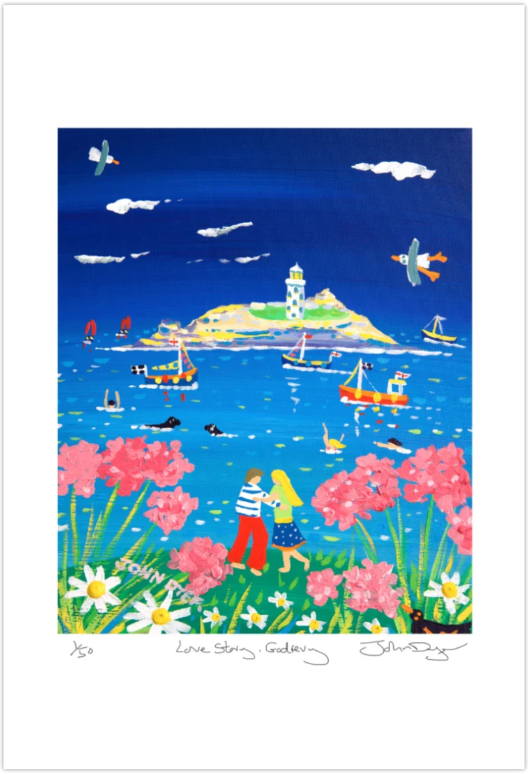 Limited Edition Print by Cornish artist John Dyer. 'Love Story, Godrevy Lighthouse'. Cornwall Art Gallery print - Image 2