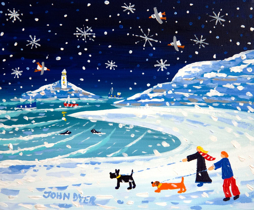 Limited Edition Print by Cornish Artist John Dyer. 'Pawprints and Footprints, Godrevy Lighthouse'. Cornwall Art Gallery Print