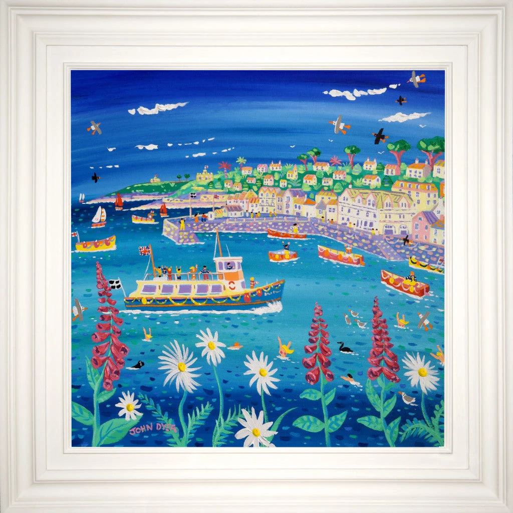 John Dyer Painting. Ferry Fun and Foxgloves, St Mawes.  24 x 24 inches, acrylic on canvas - Image 2
