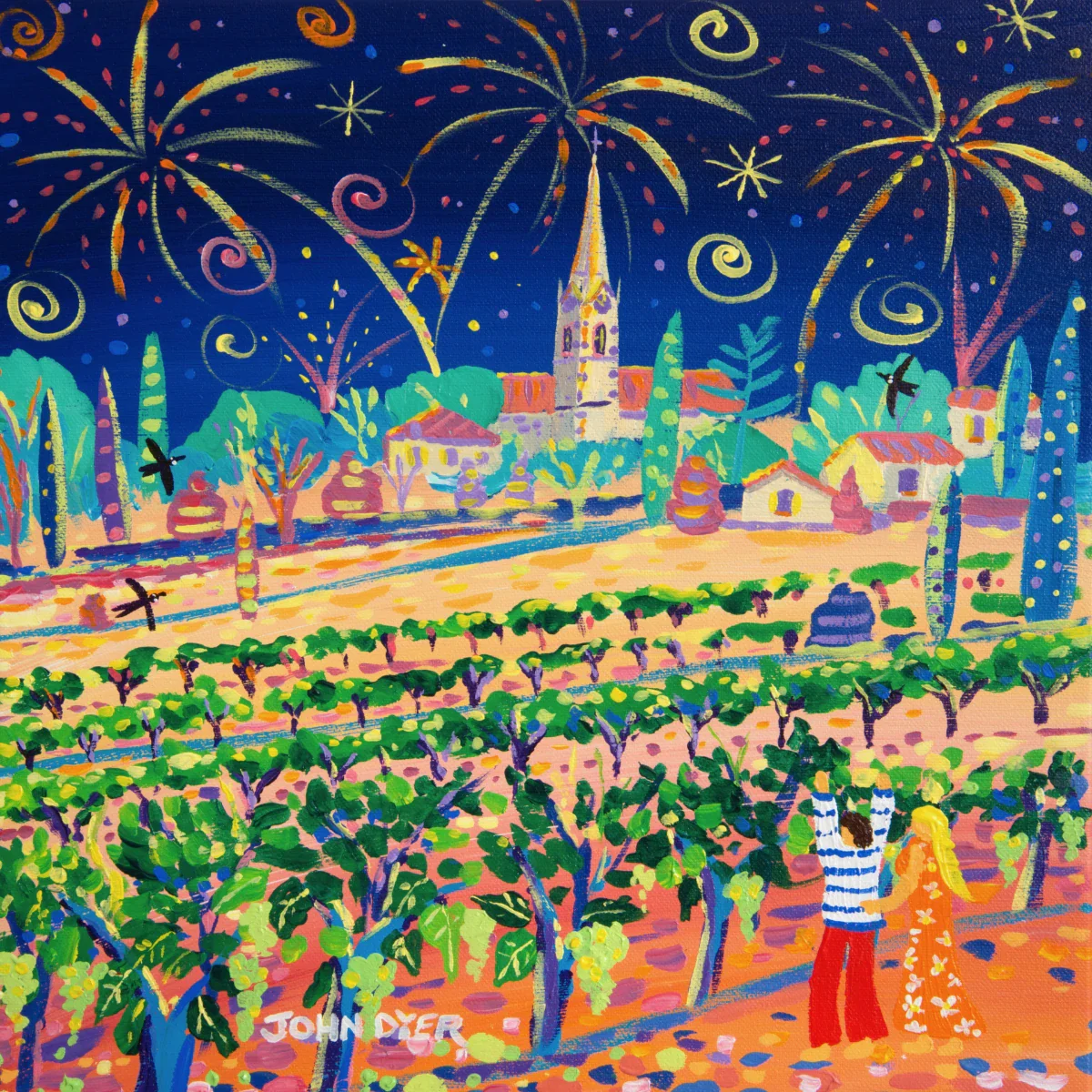 John Dyer Painting. Fireworks over the Vines, Fête de la Provence, Villars, France
