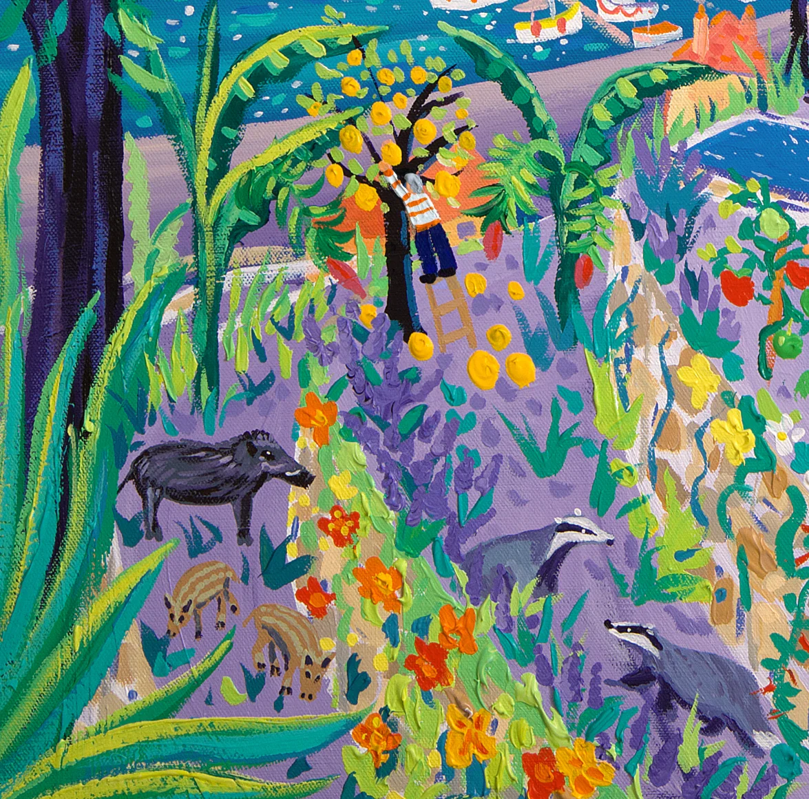 John Dyer Painting. Sailing past the Jardin Des Antipodes, Menton. 80cm x 80cm acrylic on canvas - Image 5