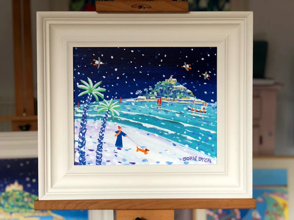 John Dyer Painting. Snowy Sausage Dog Walkies St Michael's Mount - Image 2