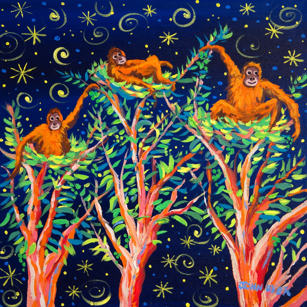 John Dyer Painting. Stargazing Orangutans, Borneo