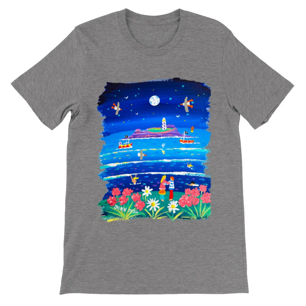 John Dyer Unisex Seaside Art Cornwall T-Shirt. 'Full Moon Lovers, Godrevy Lighthouse'. Cornwall Art Gallery - Image 7