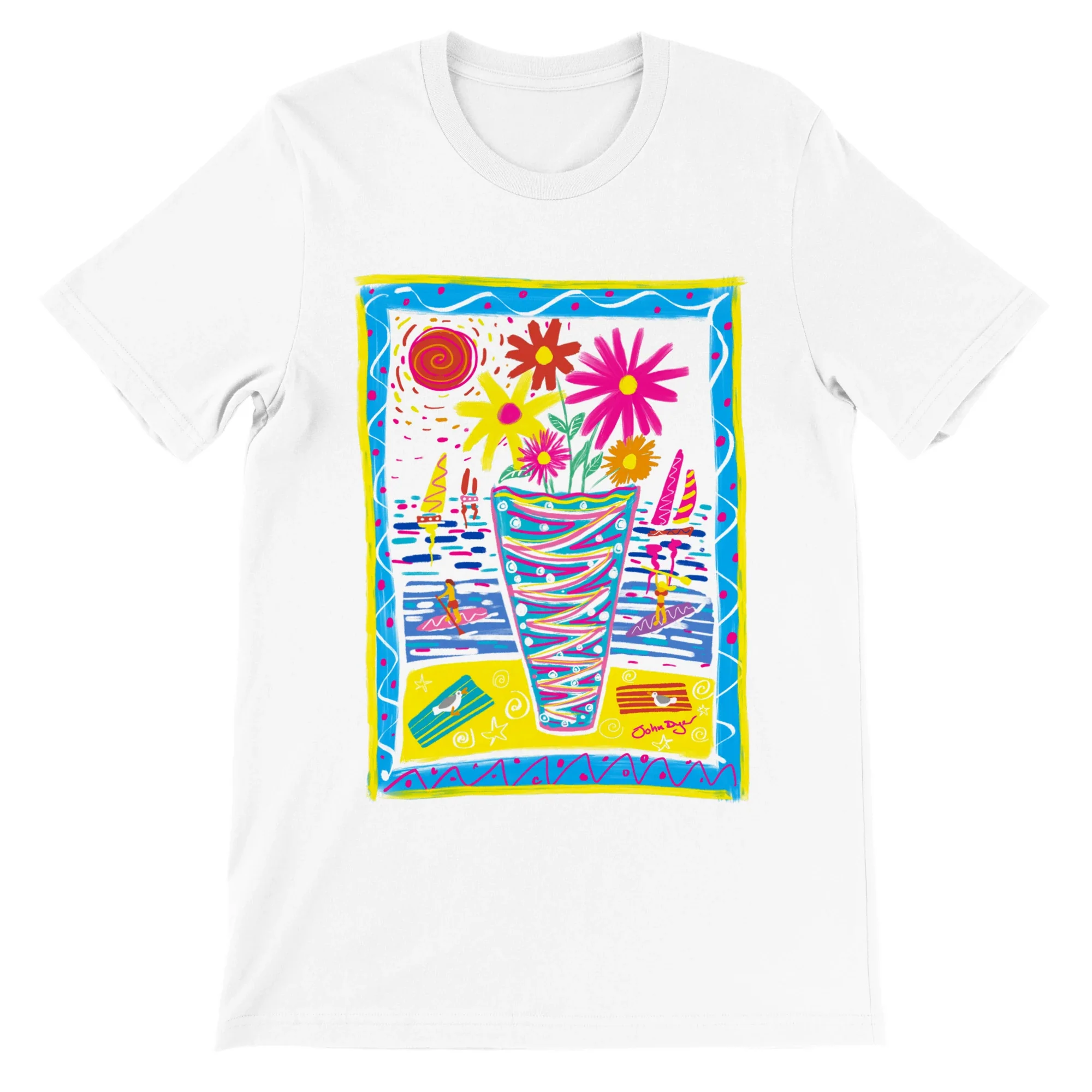 John Dyer Unisex Art T-Shirt. Summer Paddle Boarding Cornwall with Sailing Boats and Flowers - Image 5