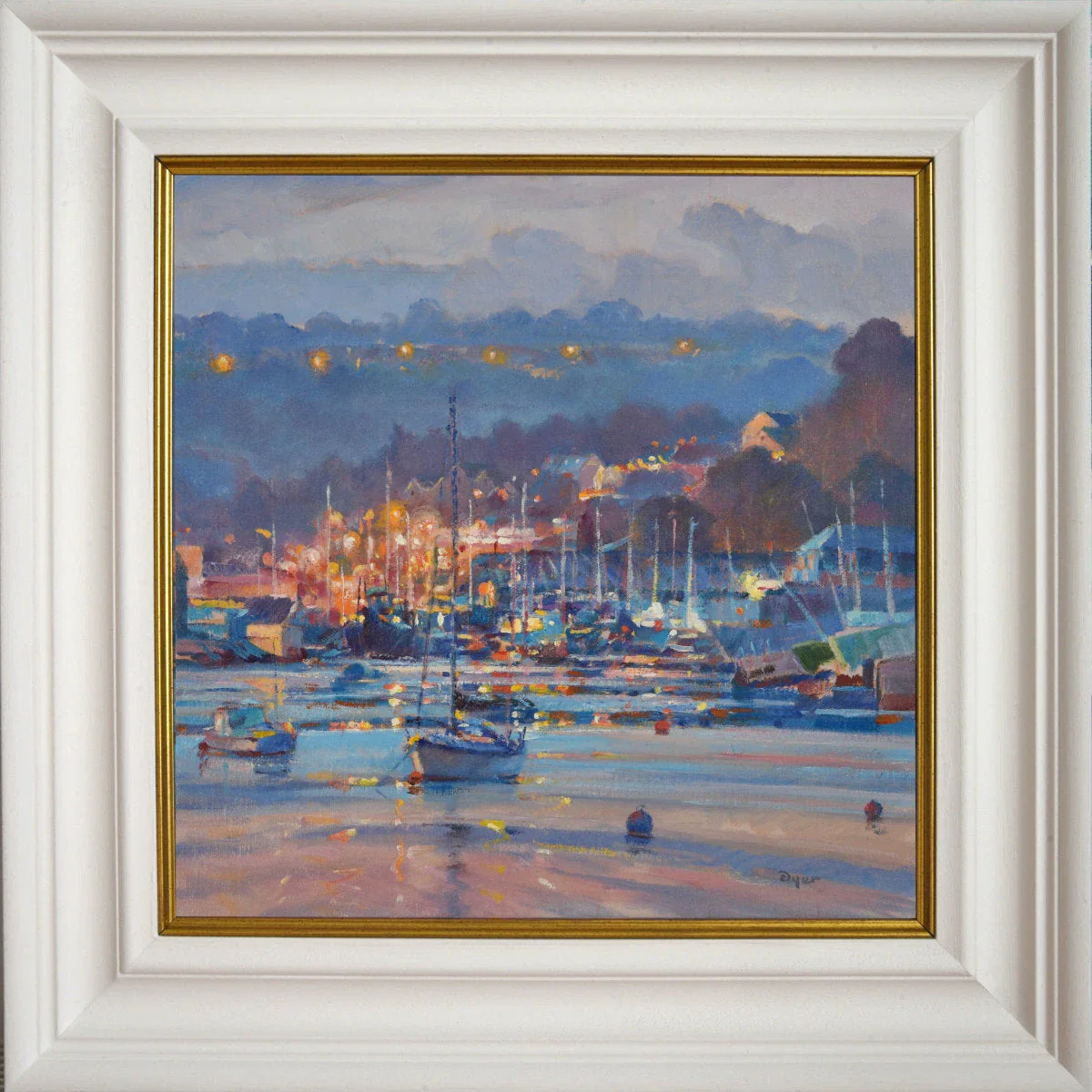 'Lights over the Moorings, Penryn River', 14x14 inches oil on canvas. Seascape Painting by Cornish Artist Ted Dyer. - Image 2