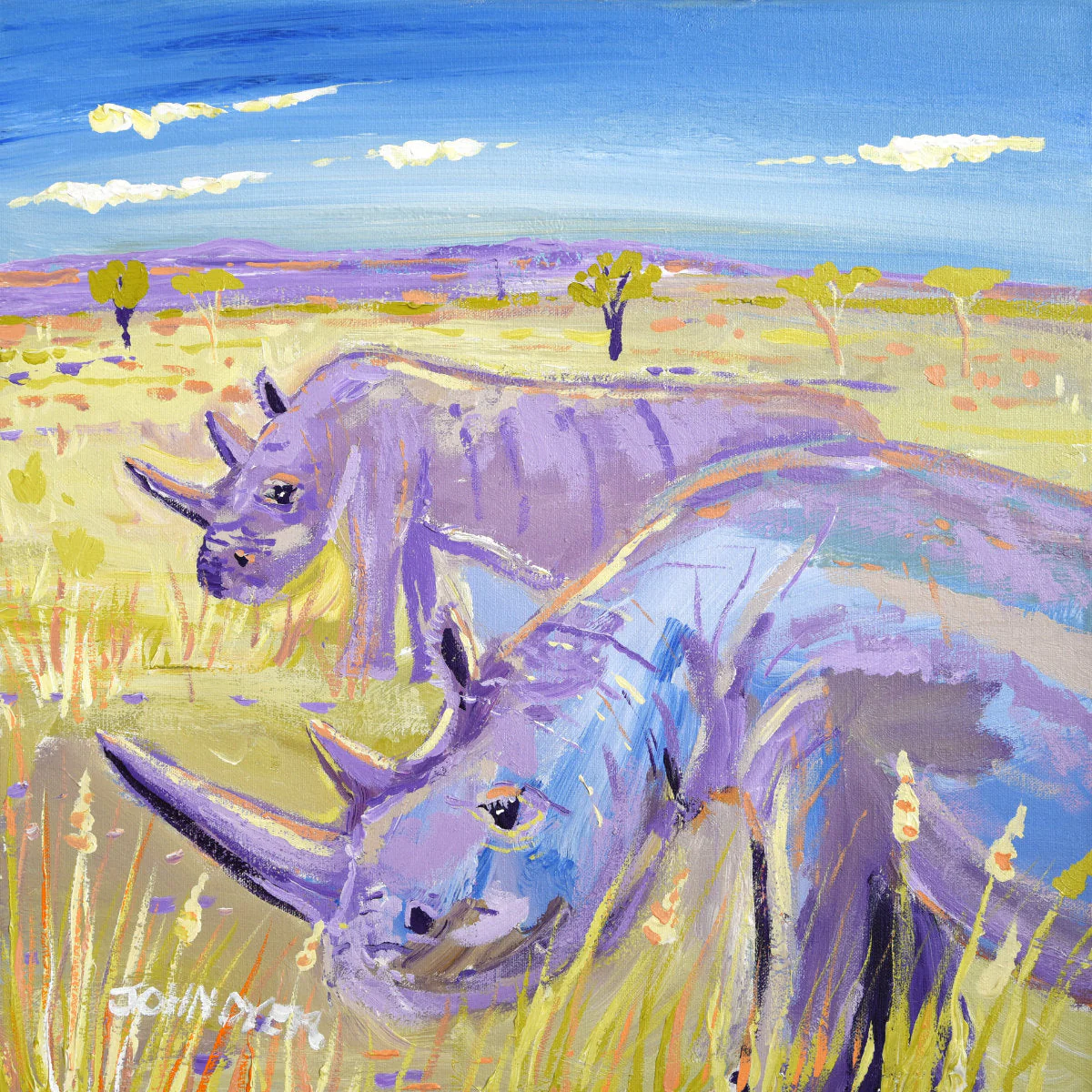 Limited Edition Print by British Artist John Dyer. 'Mother and Daughter. Najin and Fatu, the last two Northern white Rhino'. African Animal Art Prints