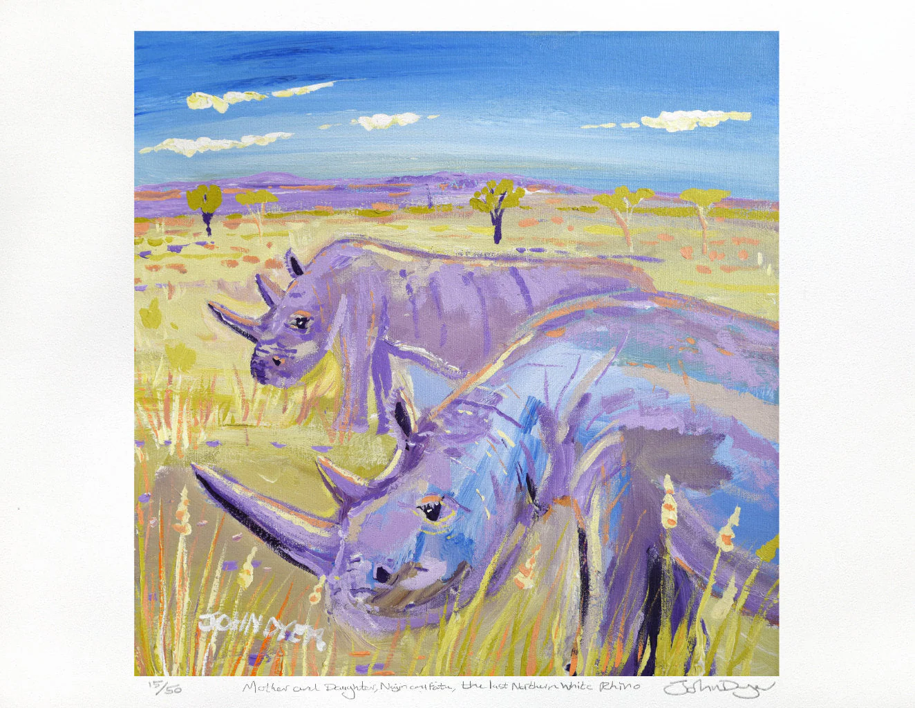 Limited Edition Print by British Artist John Dyer. 'Mother and Daughter. Najin and Fatu, the last two Northern white Rhino'. African Animal Art Prints - Image 2