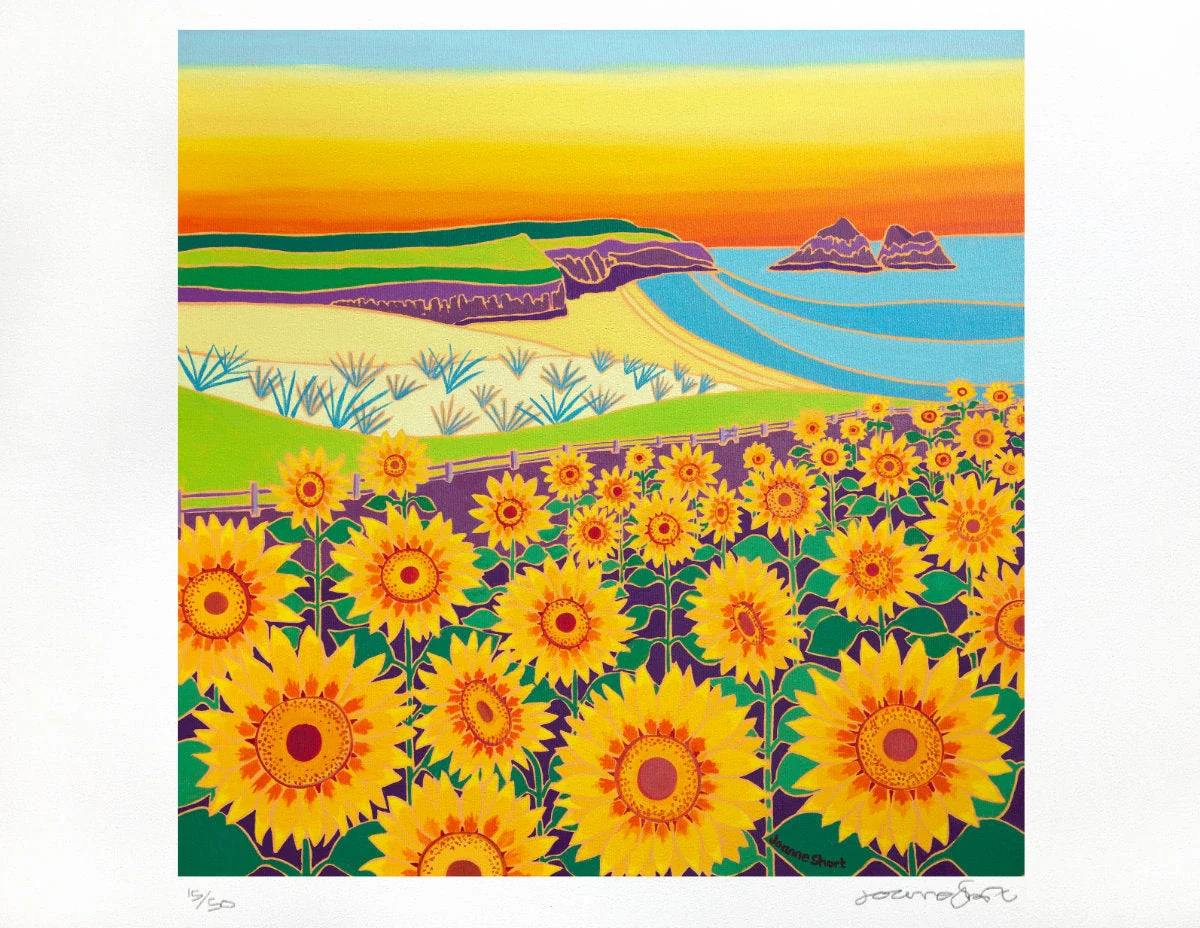 Limited Edition Print by Cornish Artist Joanne Short. 'Sunny Sunflowers, Holywell Bay'. Cornwall Art Gallery Sunset Sunflower Print - Image 2