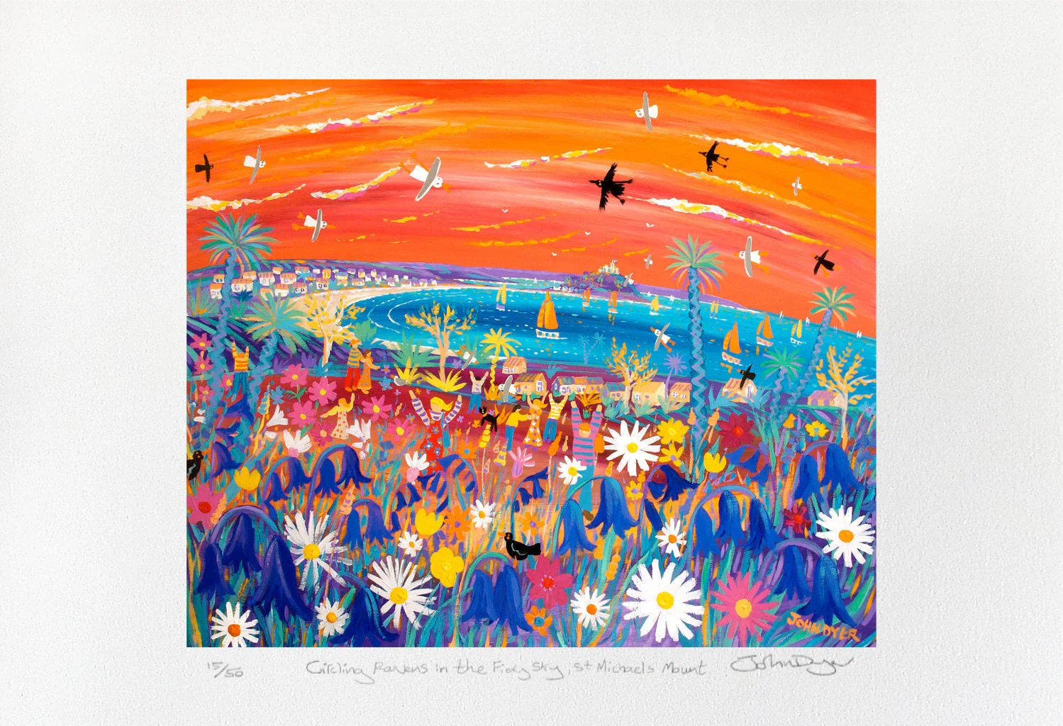 Limited Edition Print by Cornish Artist John Dyer. 'Circling Ravens in the Fiery Sky St Michael's Mount' Sunset. Cornwall Art Gallery Print - Image 2