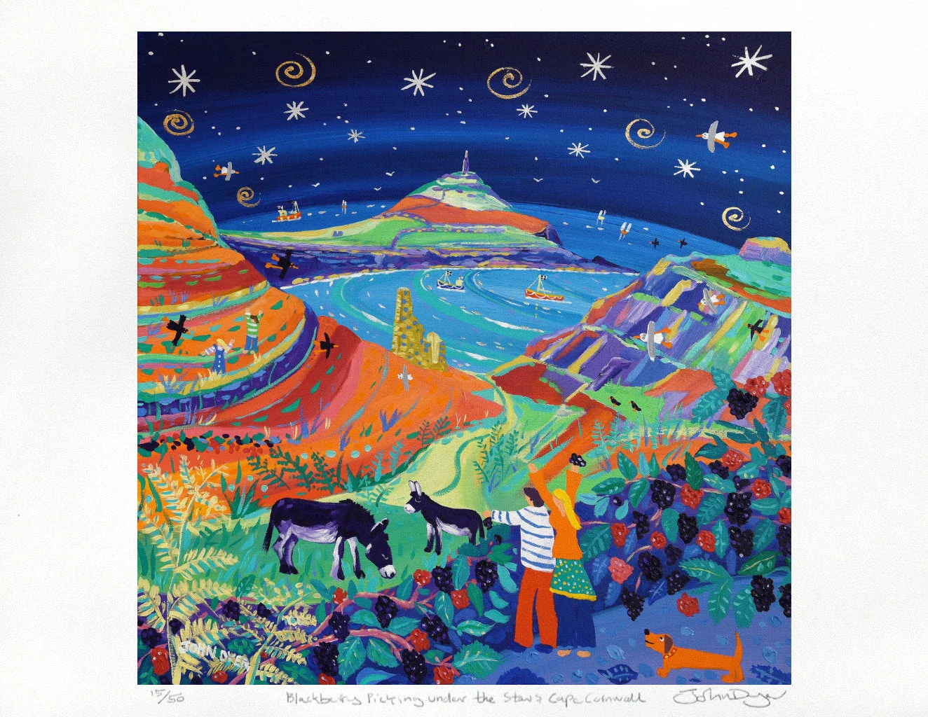 Limited Edition Print by Cornish Artist John Dyer. 'Blackberry Picking under the Stars, Cape Cornwall'. Cornwall Art Gallery Print - Image 2