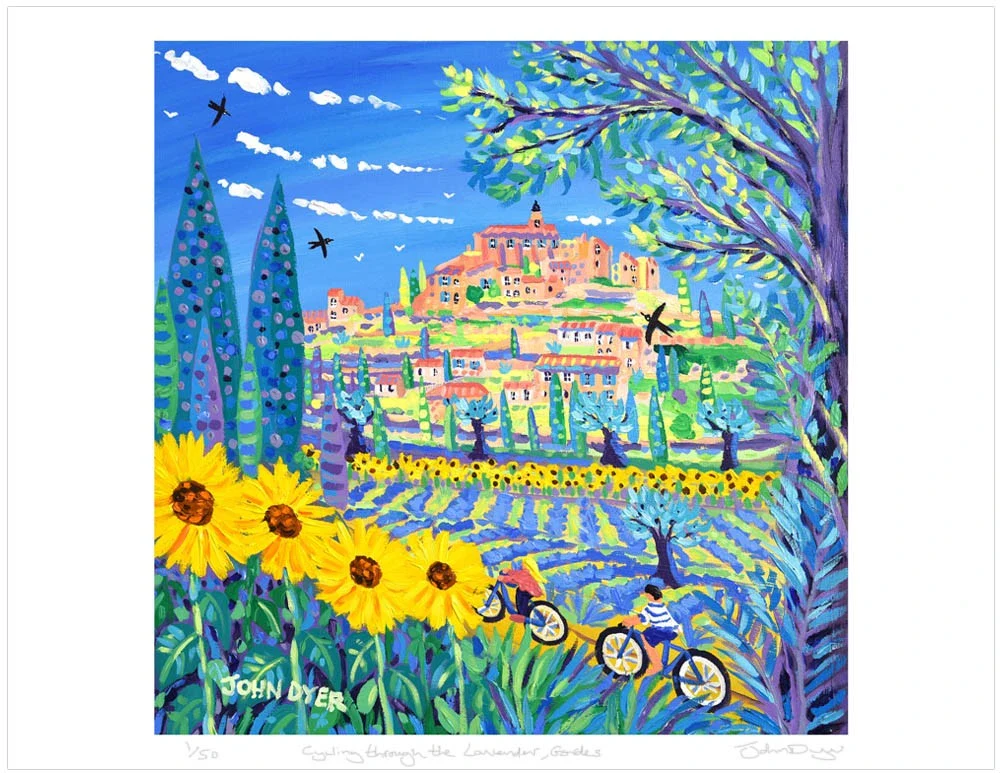 Limited Edition French Print by John Dyer. 'Cycling through the Lavender, Gordes'. Sunflowers Provence, France - Image 2