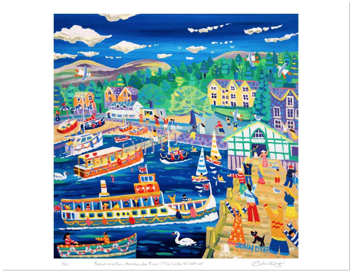 Limited Edition Print by John Dyer. 'Ferries and Fun, Ambleside Pier'. Lake District Print - Image 2
