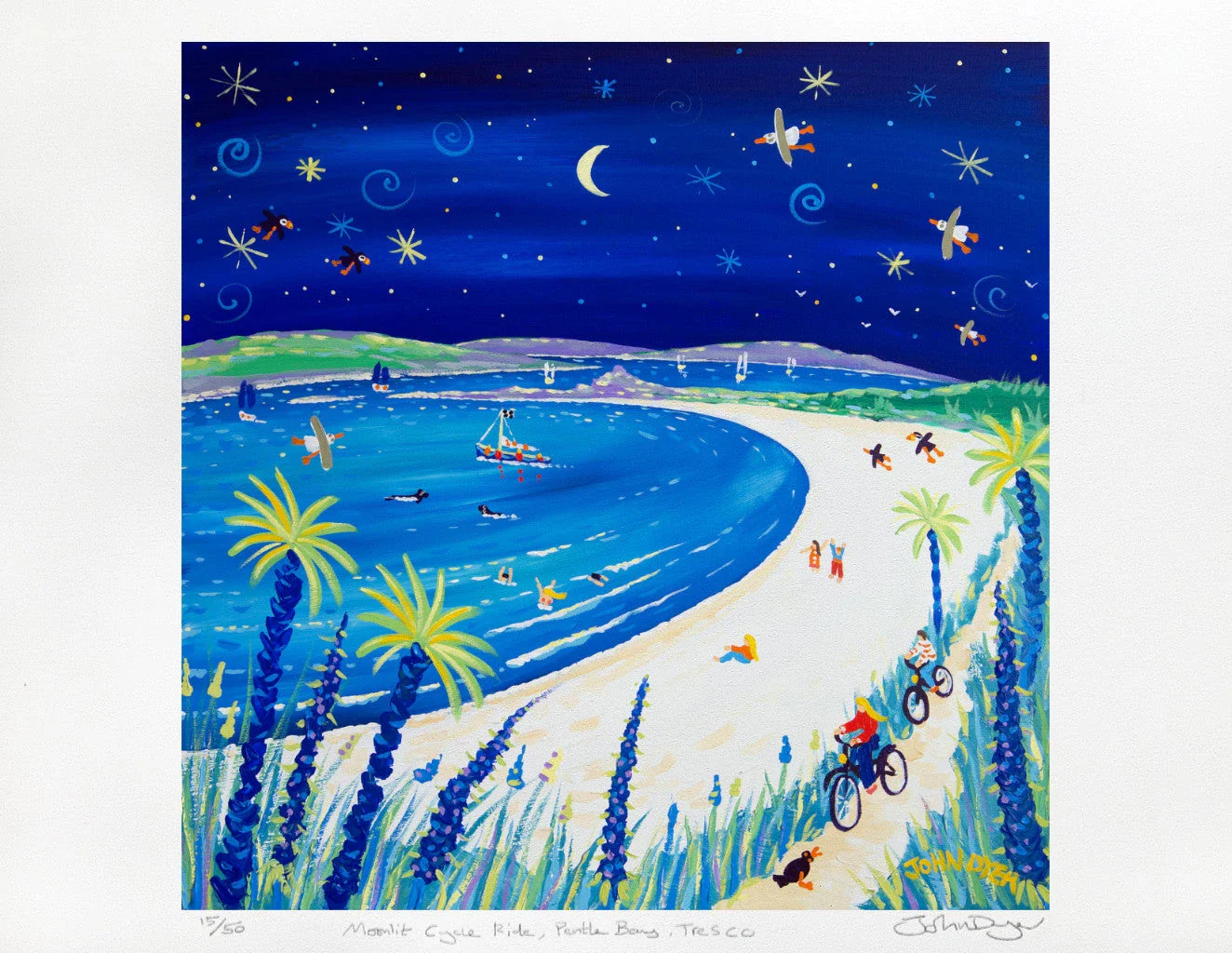 Limited Edition Print by Cornish John Dyer. 'Moonlit Cycle Ride, Pentle Bay, Tresco'. Cornwall Art Gallery Beach Print - Image 2