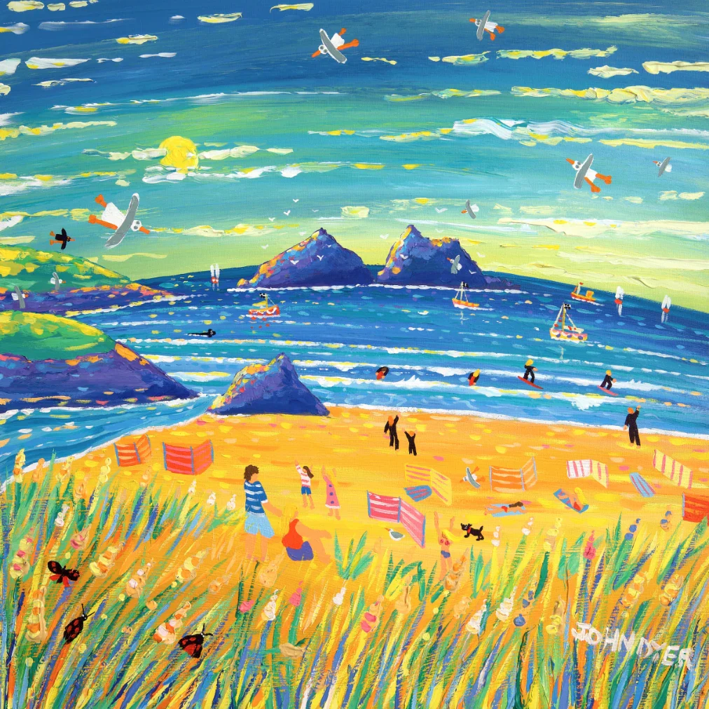 Limited Edition Print by Cornish Artist John Dyer. 'Summer Sunlight, Holywell Bay Beach Sunset'. Cornwall Art Gallery Print