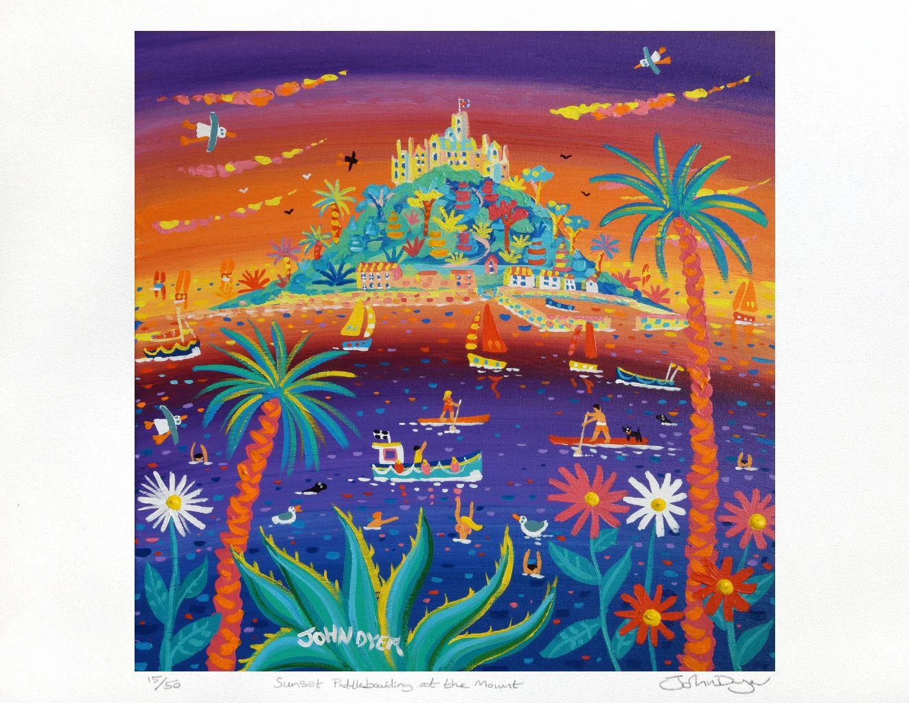 Limited Edition Print by Cornish Artist John Dyer. 'Sunset Paddleboarding at the Mount'. Cornwall Art Gallery Print - Image 2