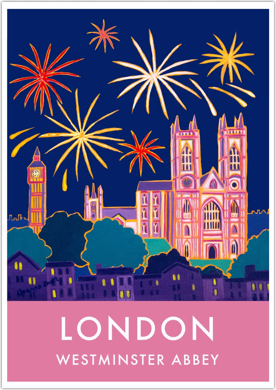 London Print of Westminster Abbey and Big Ben with Fireworks. Vintage Style Poster Design by British Artist Joanne Short