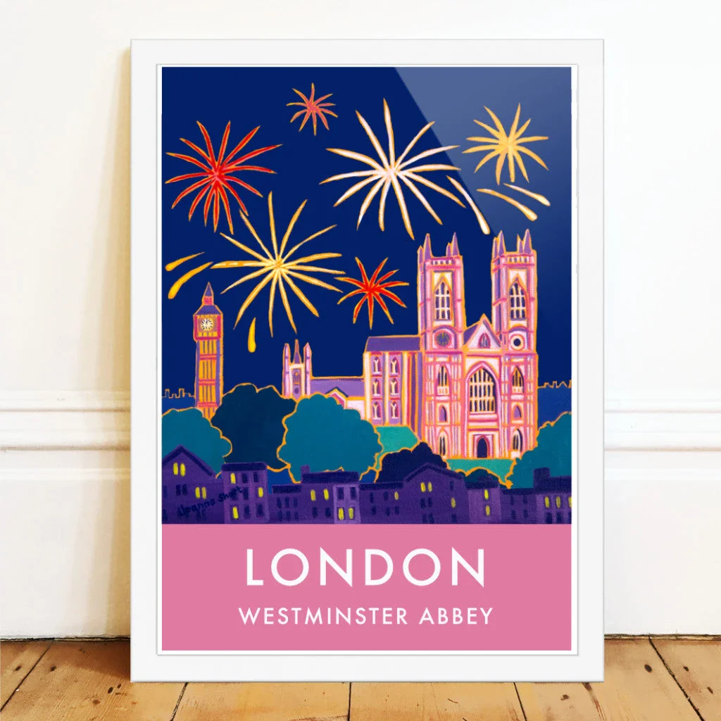 London Print of Westminster Abbey and Big Ben with Fireworks. Vintage Style Poster Design by British Artist Joanne Short - Image 2