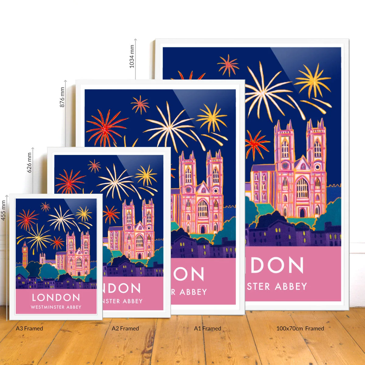 London Print of Westminster Abbey and Big Ben with Fireworks. Vintage Style Poster Design by British Artist Joanne Short - Image 3