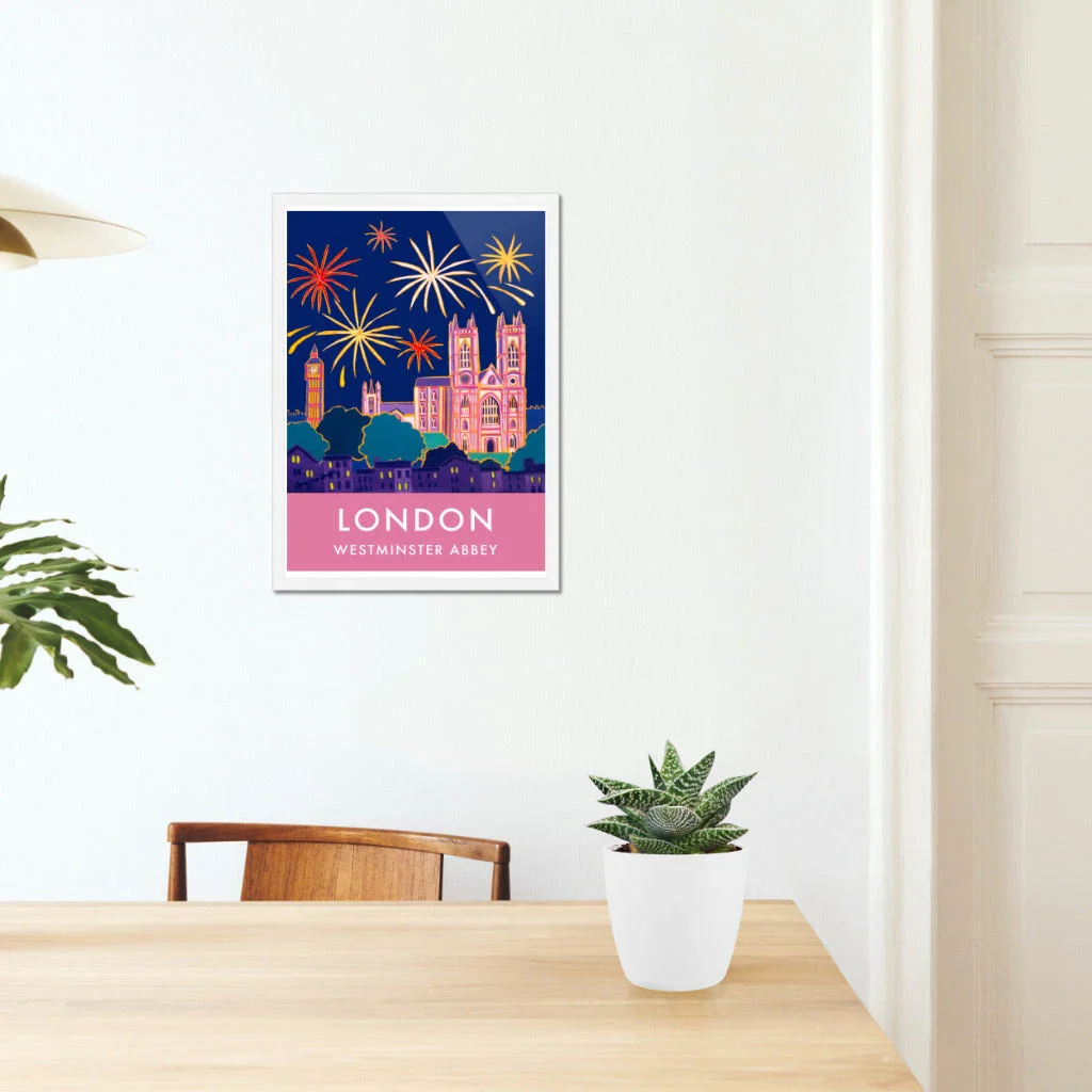London Print of Westminster Abbey and Big Ben with Fireworks. Vintage Style Poster Design by British Artist Joanne Short - Image 5