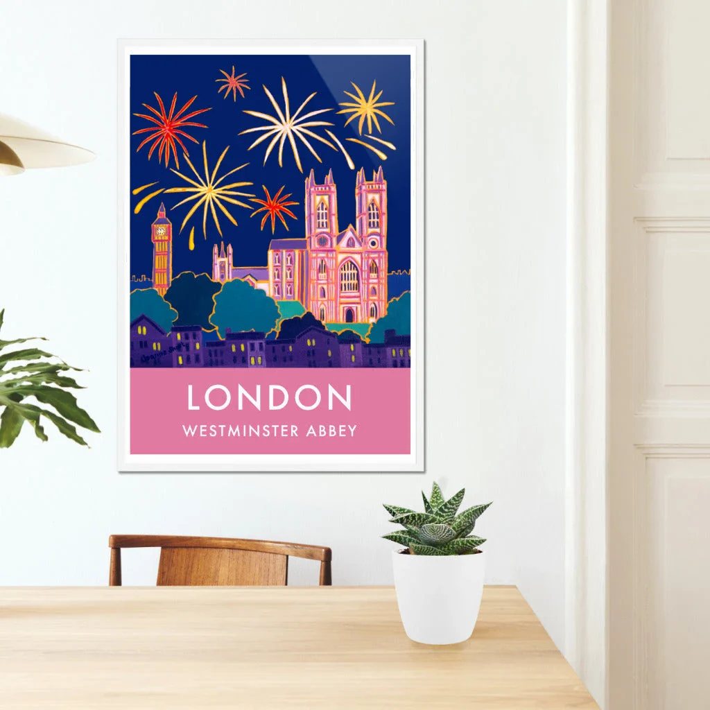 London Print of Westminster Abbey and Big Ben with Fireworks. Vintage Style Poster Design by British Artist Joanne Short - Image 7
