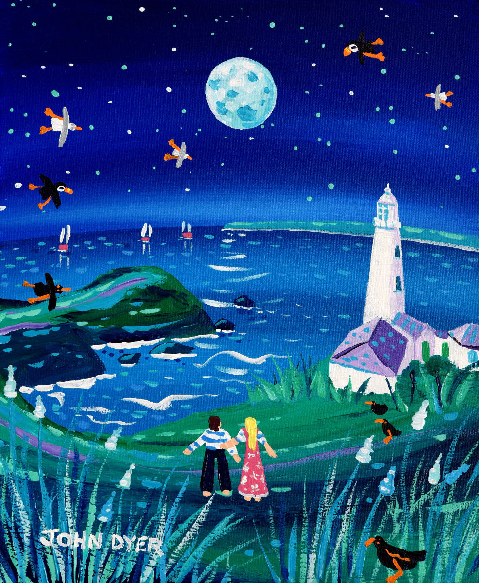 'Meditating under the Moon, Trevose Head Lighthouse', 12x10 inches acrylic on canvas. Paintings of Cornwall by Artist John Dyer. Cornwall Art Gallery