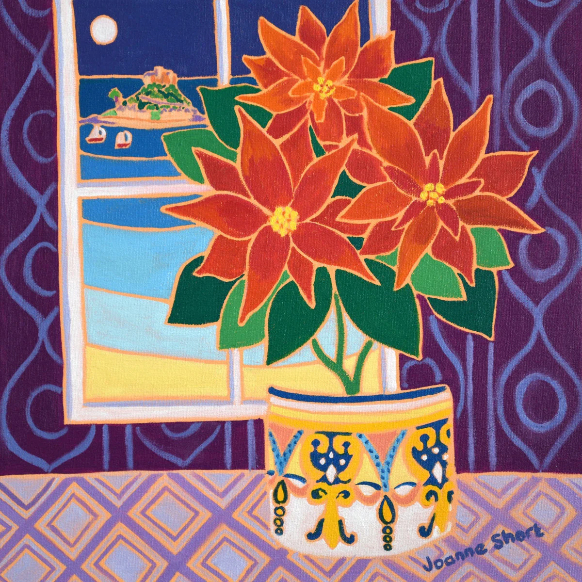 'Moonlit Poinsettia, St Michael's Mount'. 12x12 inches Original Art Painting Oil on Canvas. Paintings of Cornwall by Cornish Artist Joanne Short.