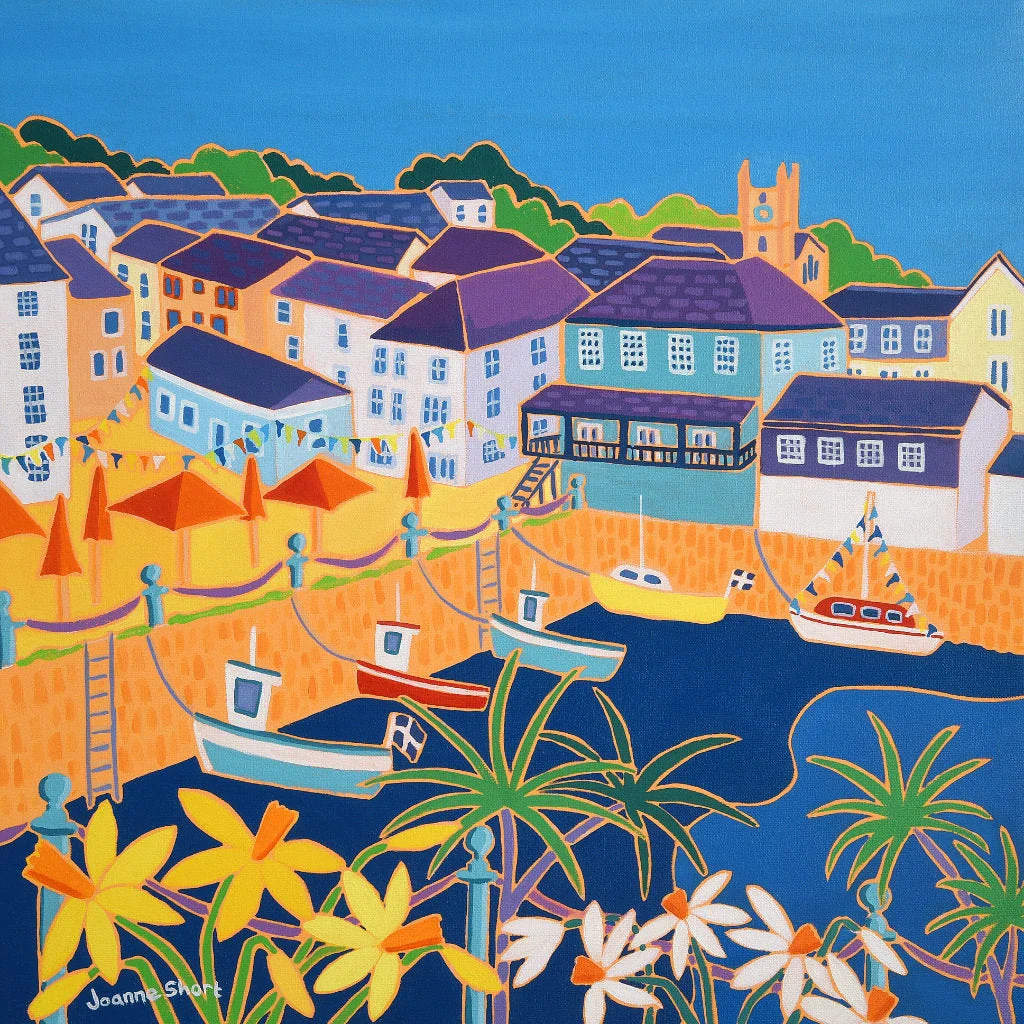 Original Painting by Joanne Short. A Feast of Colour, Customs House Quay, Falmouth.  18 x 18 inches, oil on canvas