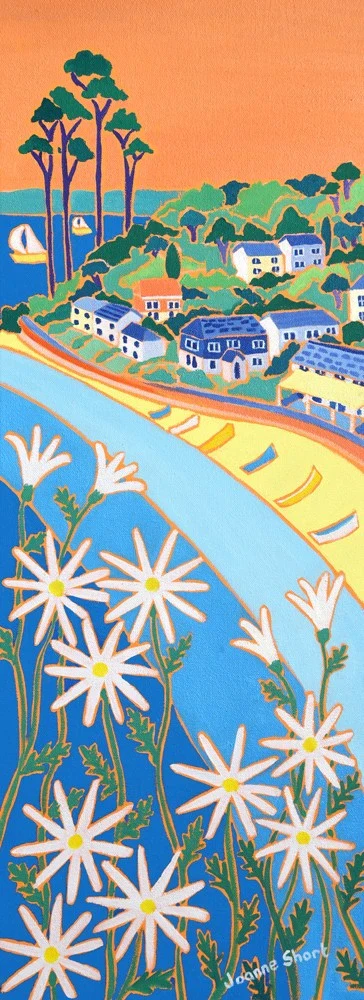 Original painting by Joanne Short. Spring Daisies and Pines, Helford Passage.