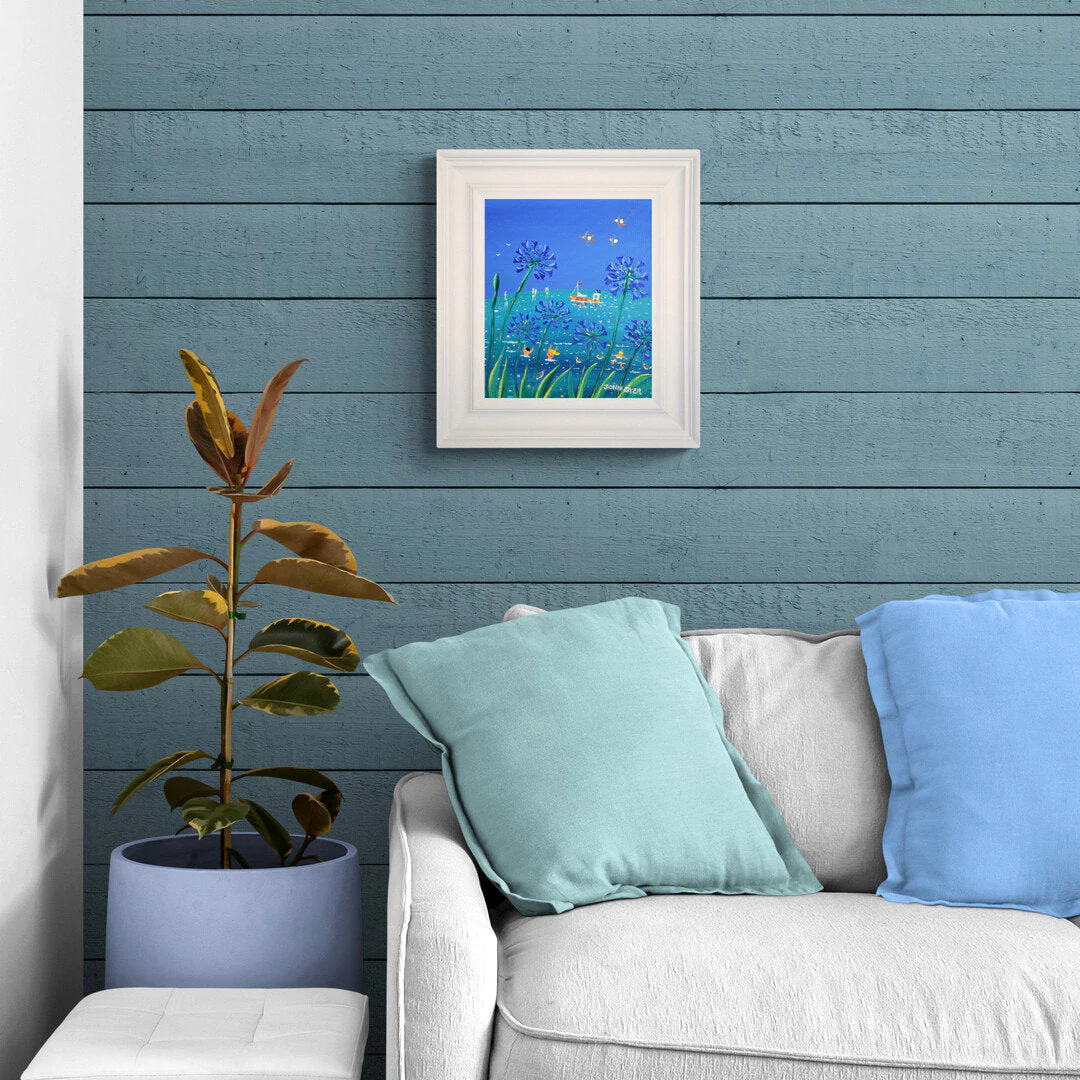 'Peaking through the Agapanthus', 10x12 inches acrylic on canvas. Coastal Painting of Cornwall. Cornish Artist John Dyer. Cornwall Art Gallery - Image 3
