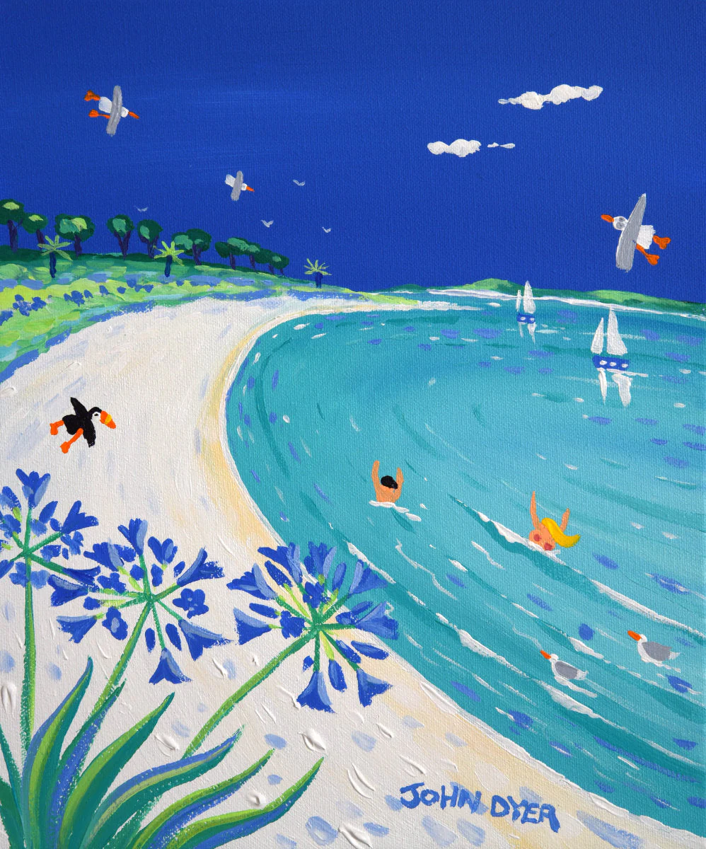 'Perfect Blue Day, Pentle Bay, Tresco', 12x10 inches acrylic on canvas. Paintings of Cornwall. Cornish Artist John Dyer. Cornwall Art Gallery