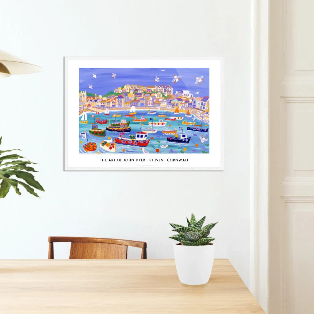 Poster of St Ives, Cornwall by John Dyer. Boats in the Harbour on a High Tide - Image 6