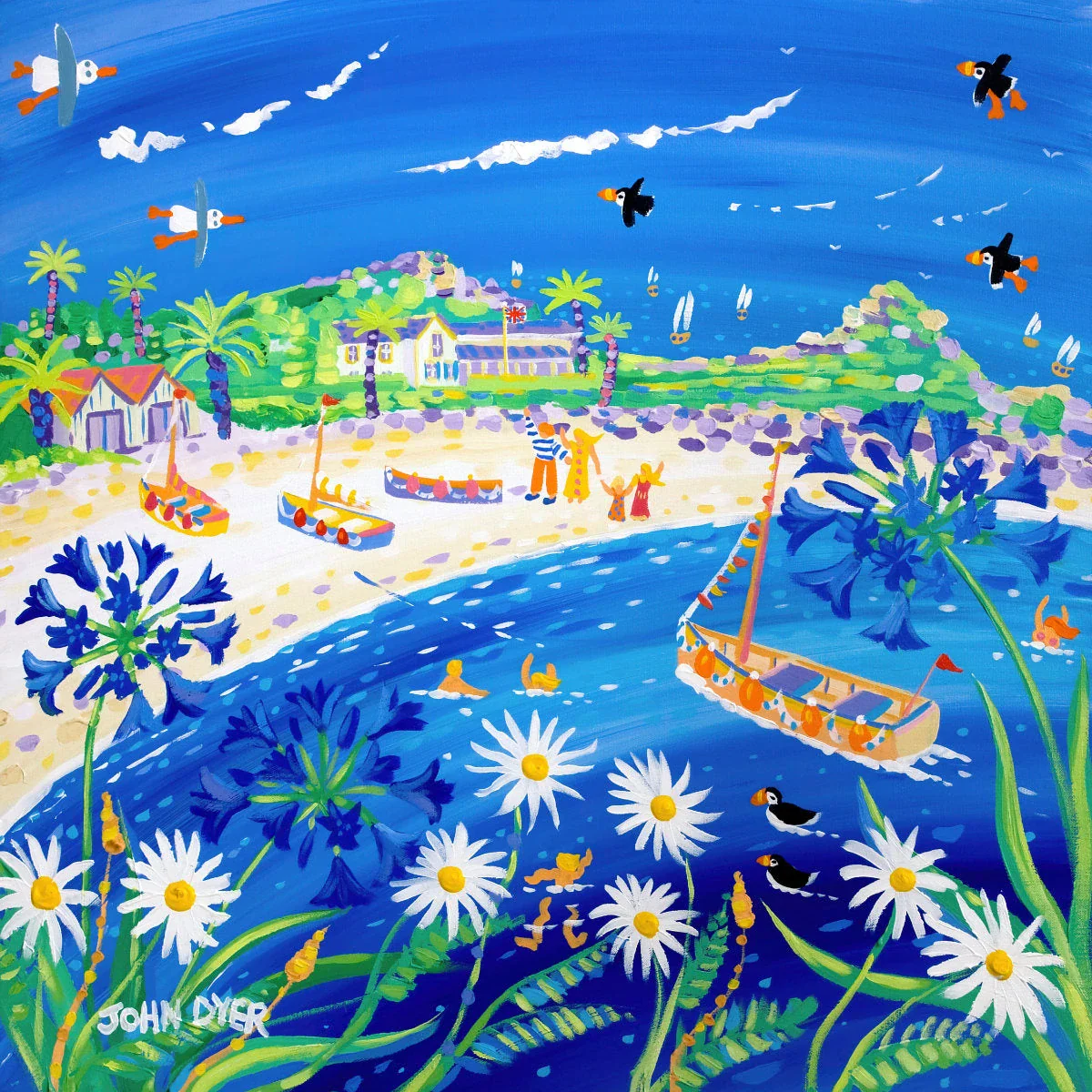John Dyer Fine Art Beach Print. Open Edition Cornish Art Print. 'Puffin Days, Tresco'. Cornwall Art Gallery - Image 4