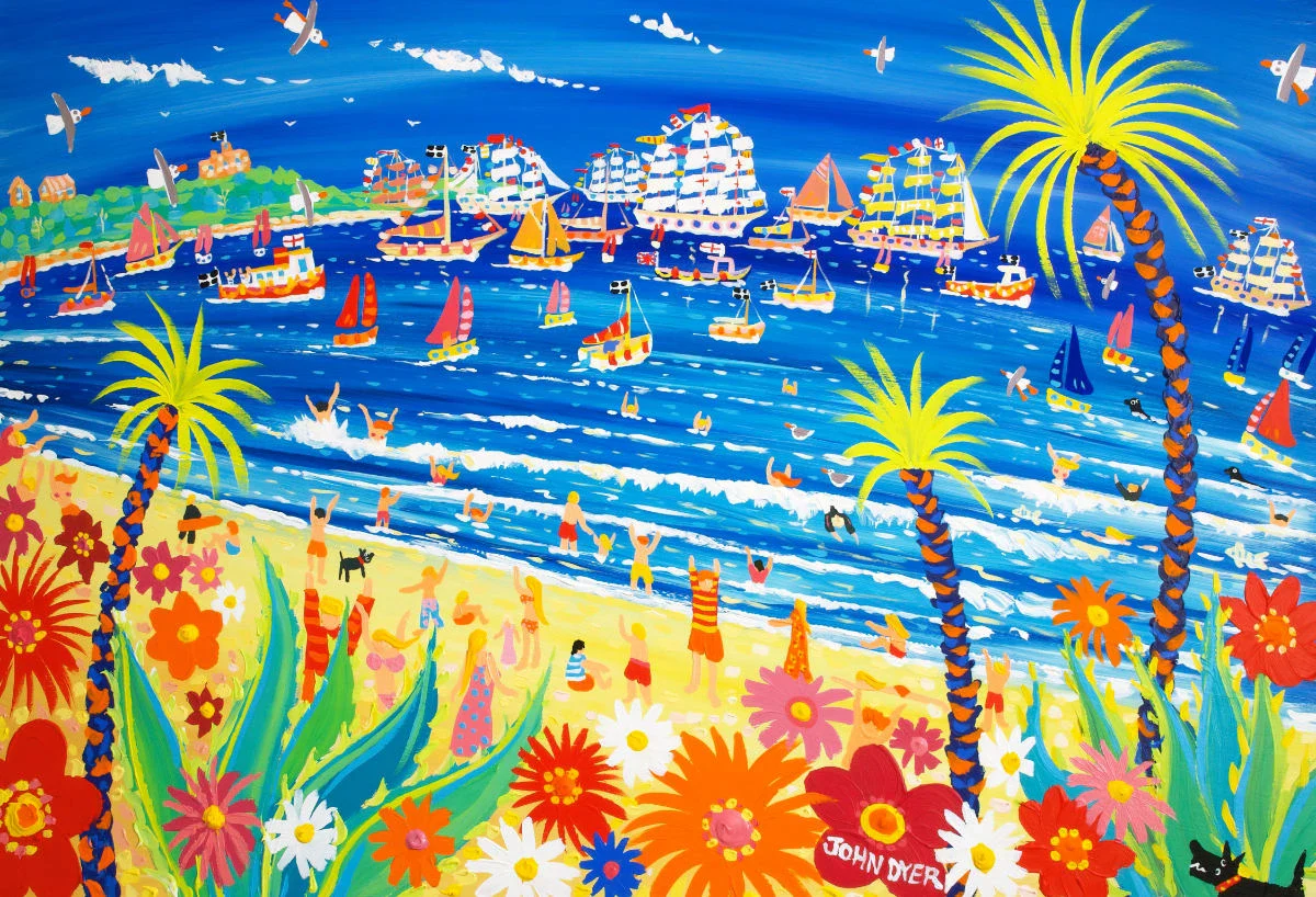 John Dyer Fine Art Print. Open Edition Cornish Art Print. 'Race Day, Tall Ships, Gyllyngvase Beach, Falmouth'. Cornwall Art Gallery - Image 4