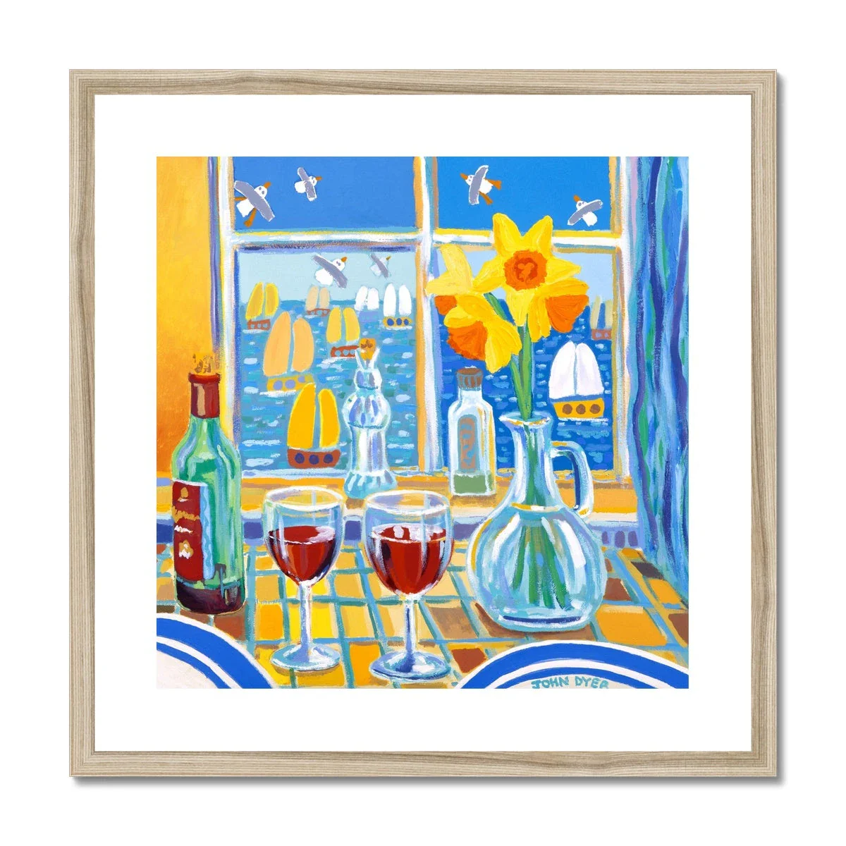 John Dyer Framed Open Edition Still Life Cornish Art Print. 'Red Wine and Daffodils'. Cornwall Art Gallery - Image 3