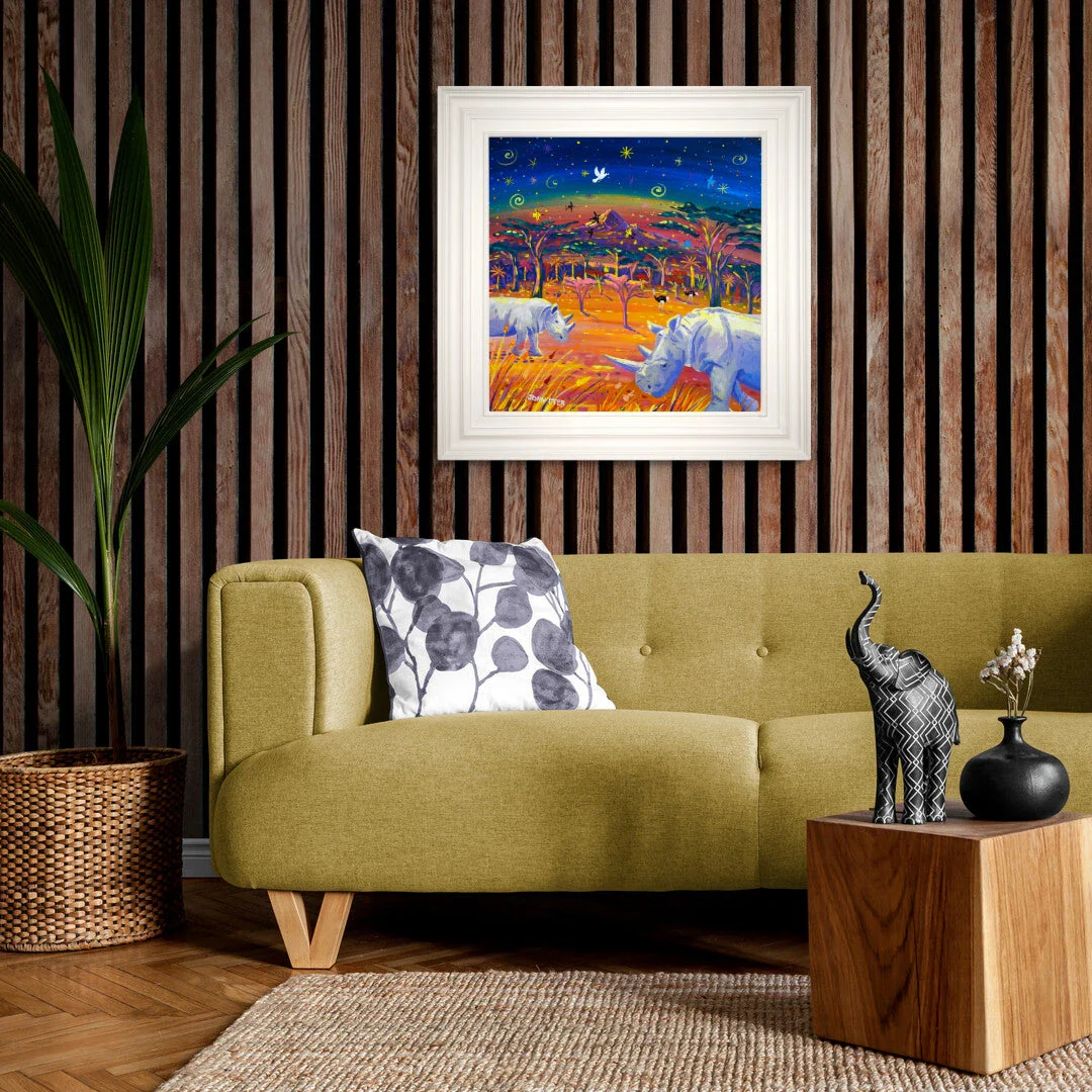 'Rhinos in Paradise, Najin & Fatu, the Last Two Northern White Rhino', 24x24 inches acrylic on canvas. African Painting by British Artist John Dyer. - Image 3