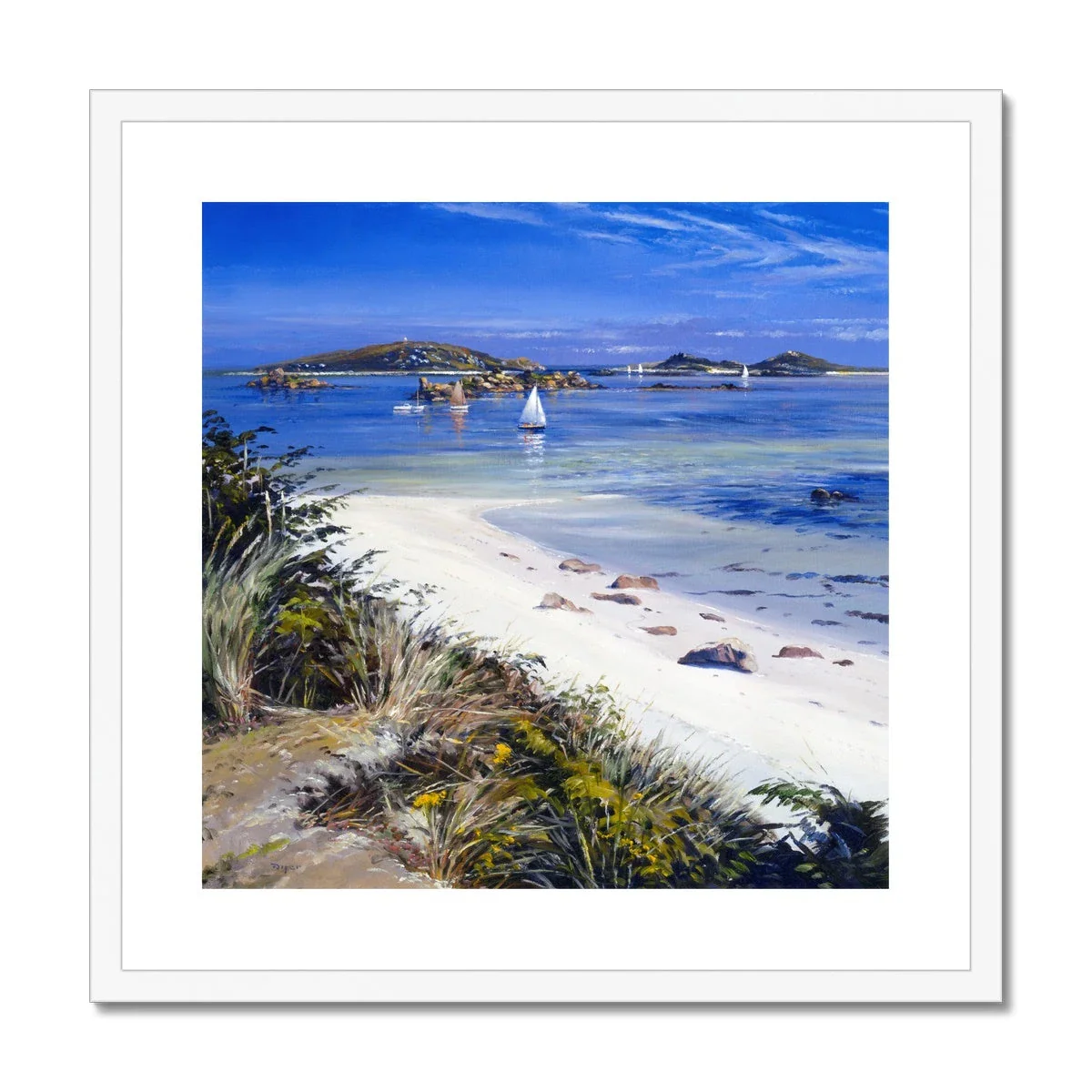 Ted Dyer Framed Open Edition Cornish Fine Art Beach Print. 'Sailing around the Islands, Tresco'. Cornwall Art Gallery