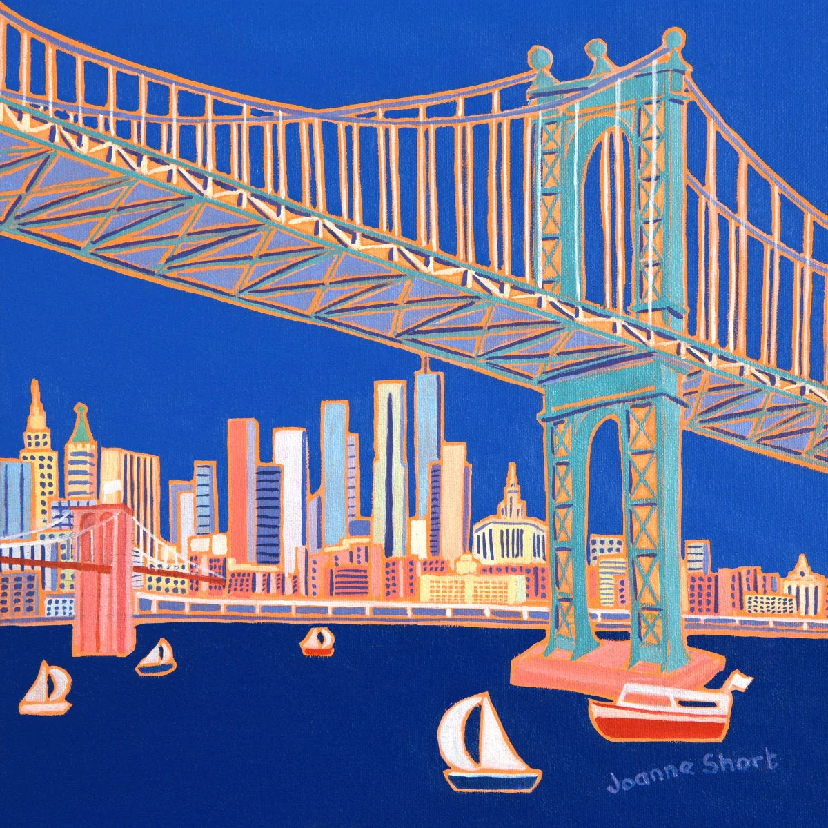'Sailing under the Bridges, Manhattan, New York', 12x12 inches oil on canvas by British Artist Joanne Short. American Art Gallery