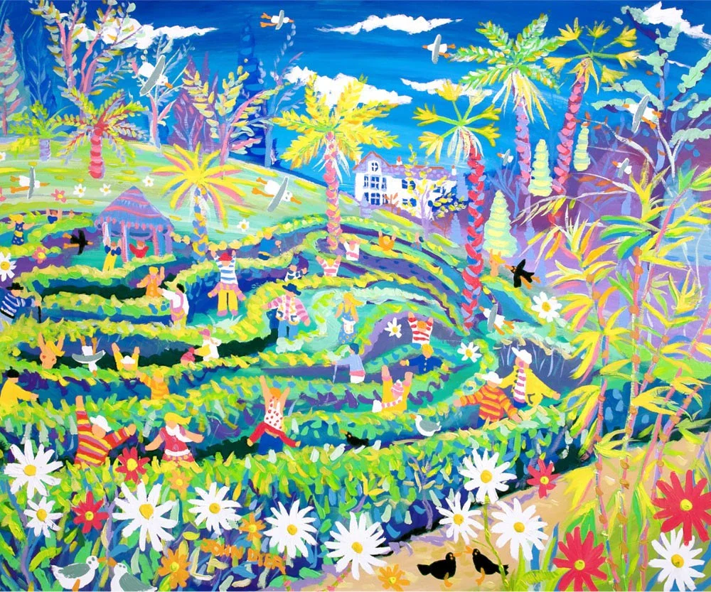 Limited Edition Print. 'Amazing Mayhem in the Maze in May, Glendurgan Garden' by Cornish Artist John Dyer.