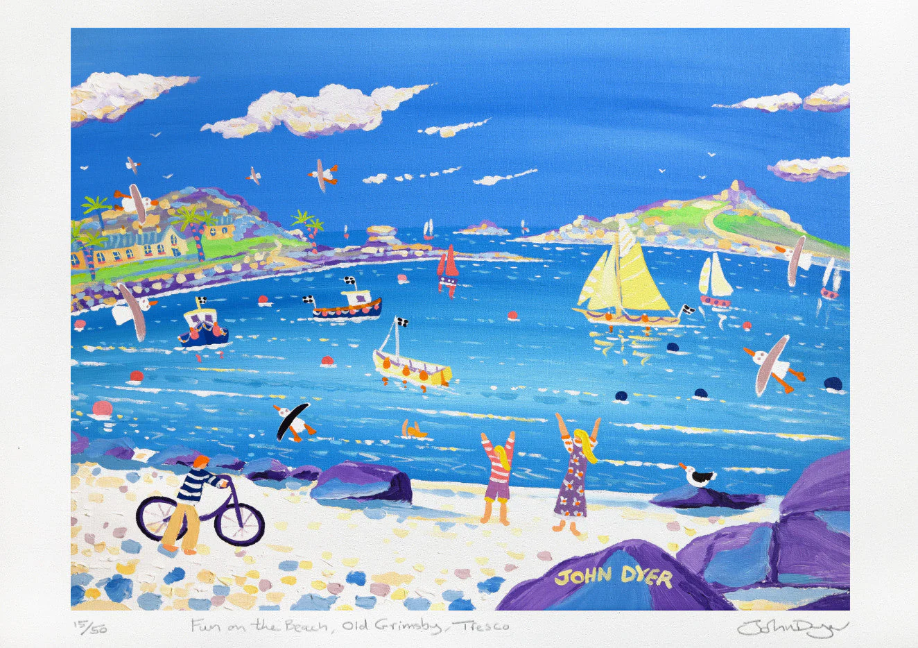 Signed Limited Edition Print by Cornish Artist John Dyer. 'Fun on the Beach, Old Grimsby, Tresco'. Tresco Gallery print - Image 2