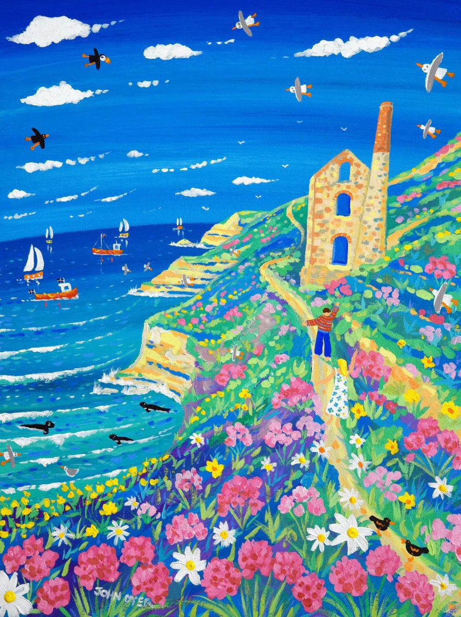 Signed Limited Edition Print by Cornish Artist John Dyer. 'Wild Cornish Walk, Chapel Porth'. Cornwall Art Gallery Print