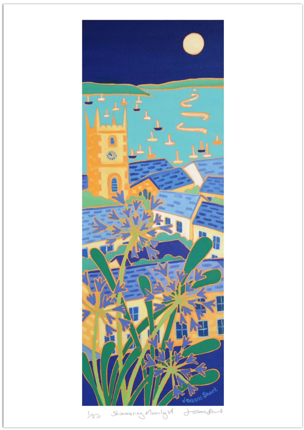 Signed Limited Edition Print by Cornish Artist Joanne Short. 'Shimmering Moonlight, Falmouth'. Cornwall Art Gallery Print. - Image 2