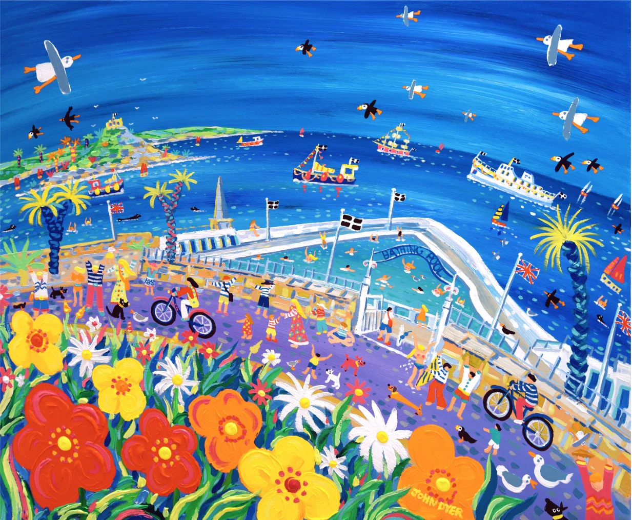 Cornish Art Signed Limited Edition Print by Artist John Dyer. 'A Day at the Jubilee Bathing Pool, Penzance'. Cornwall Art Gallery Print.