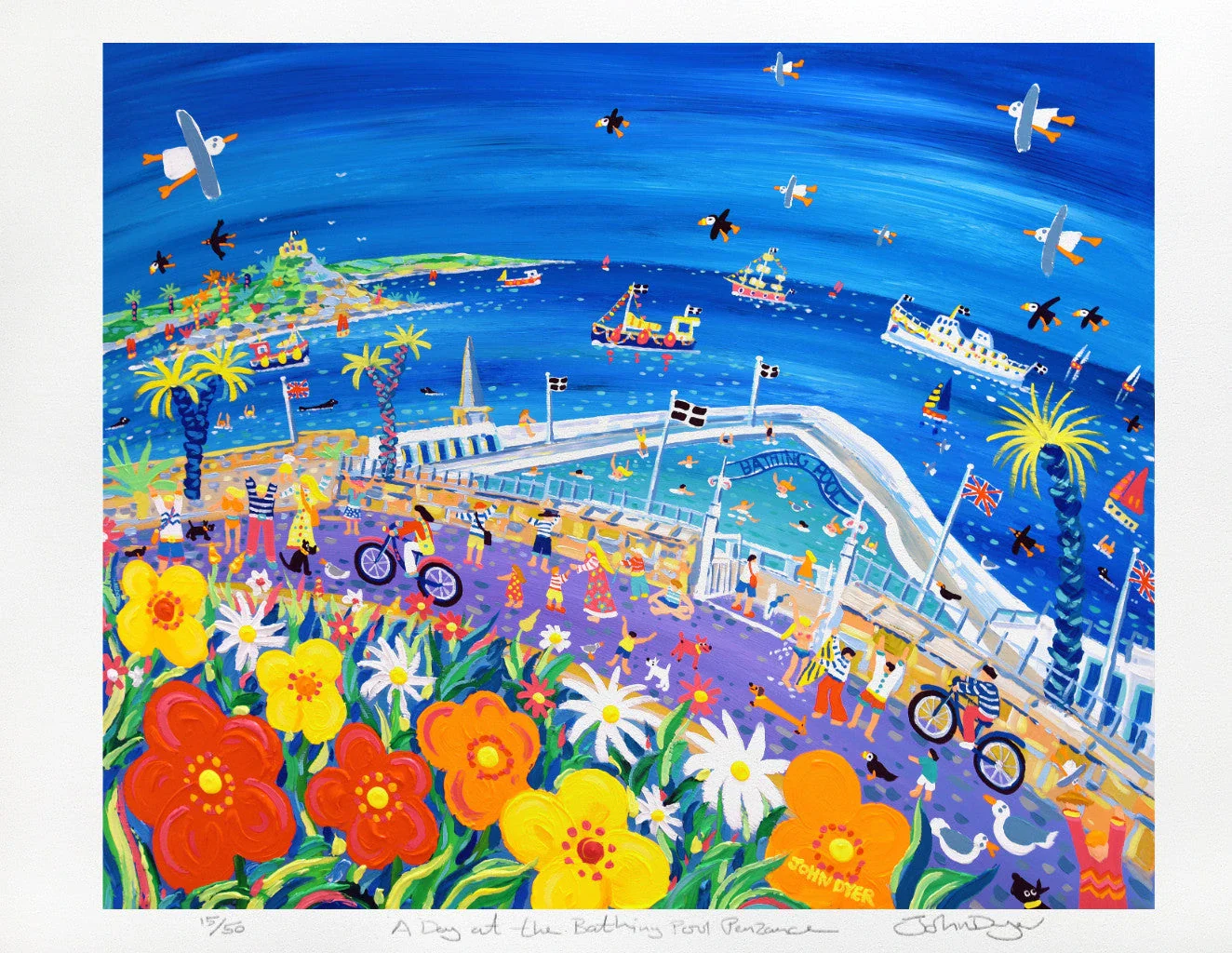 Cornish Art Signed Limited Edition Print by Artist John Dyer. 'A Day at the Jubilee Bathing Pool, Penzance'. Cornwall Art Gallery Print. - Image 2