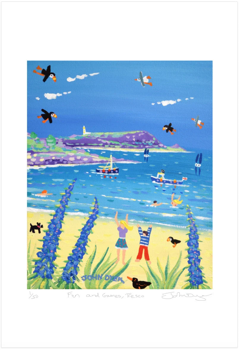 Isles of Scilly Signed Limited Edition Print by Cornish Artist John Dyer. 'Fun and Games, Tresco'. Tresco Gallery Art Beach Print - Image 2