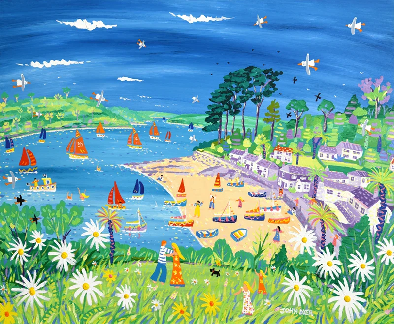 Signed Limited Edition Print by Cornish Artist John Dyer. Moon Daisy Dance, Helford Passage. Cornwall Art Gallery Print